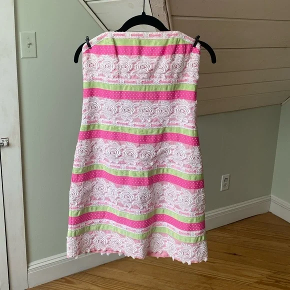 Lilly Pulitzer Dress 4 Strapless Pink Green White Lace Floral Polka Dot Ribbon - Picture 11 of 11